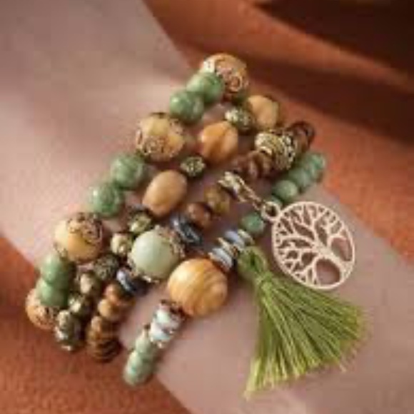BOHO HEADED STACKED BRACELETS with CHARMS and TASSEL NWT - Picture 3 of 6